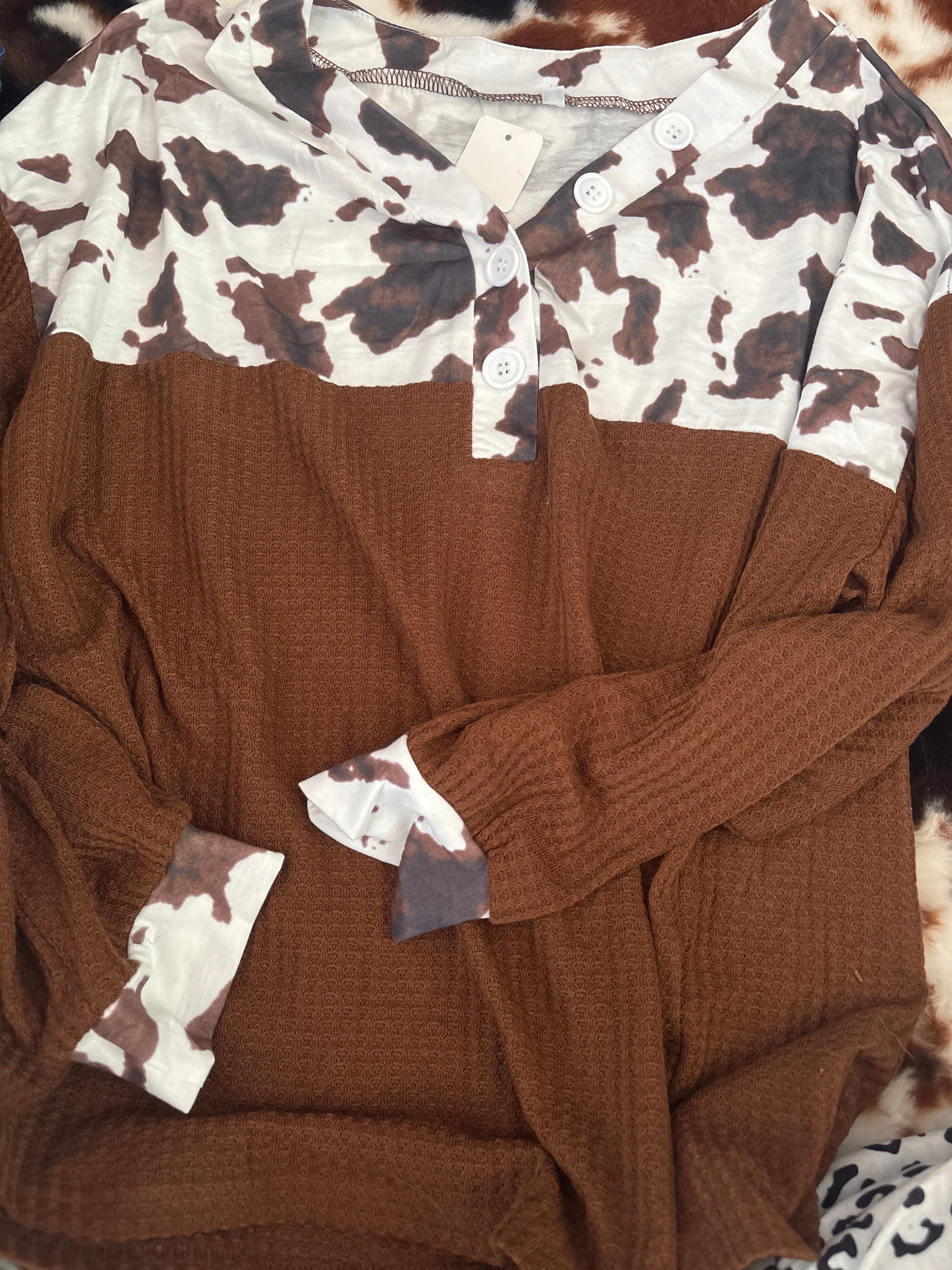 Brown cow print waffle top